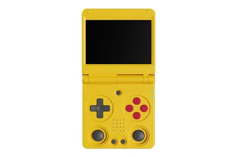 Anbernic RG34XXSP clamshell handheld in yellow, open