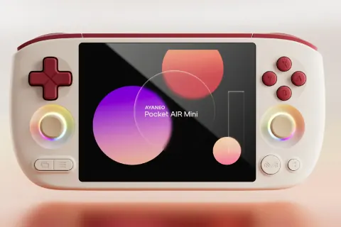 AYANEO Pocket Air Mini handheld in white and red, front view