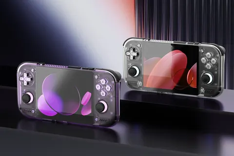 Two Retroid Pocket Nova handhelds in clear purple and clear black