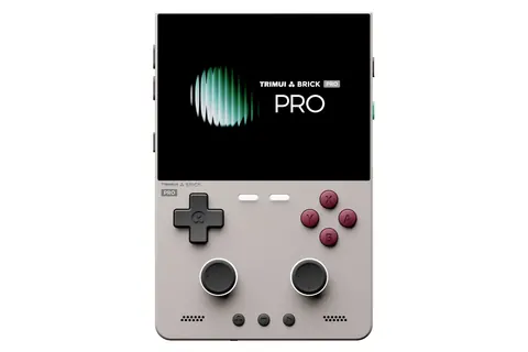 TrimUI Brick Pro vertical handheld in grey, front view